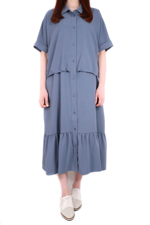裇衫設計假兩件連身裙 (日本布料) - 霧藍色 - Chic Collection