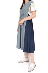 兩側風衣拼色束腰綿質連身裙 - 灰綠色 - Chic Collection