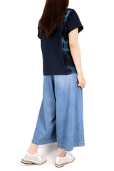 兩側扎染拼布綿質上衣 (拼日本布料) - 深藍色 - Chic Collection
