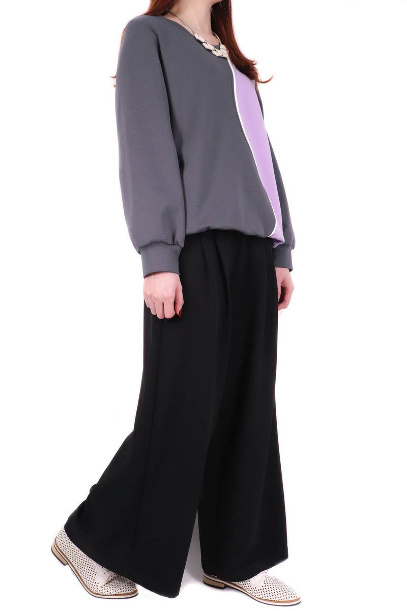 流線左右拼色棉質上衣 (日本布料) - 灰色拼紫色 - Chic Collection