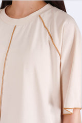 撞色拷邊寬鬆棉質上衣 - 米色