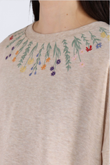 領邊彩色刺繡花棉質上衣 - 燕麥色