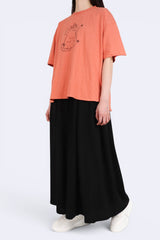 貓貓刺繡竹節棉質上衣 - 橙色