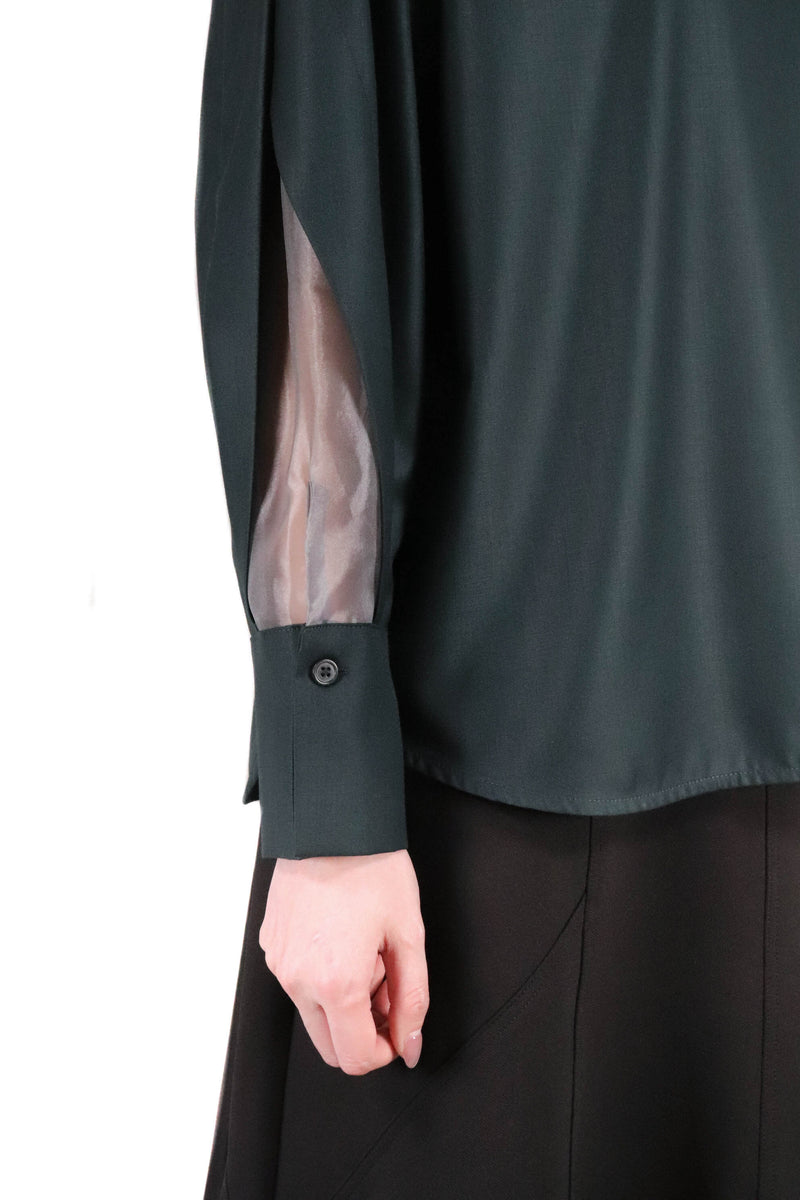 方領勾根紗拼袖上衣 (日本布料) - 墨綠色