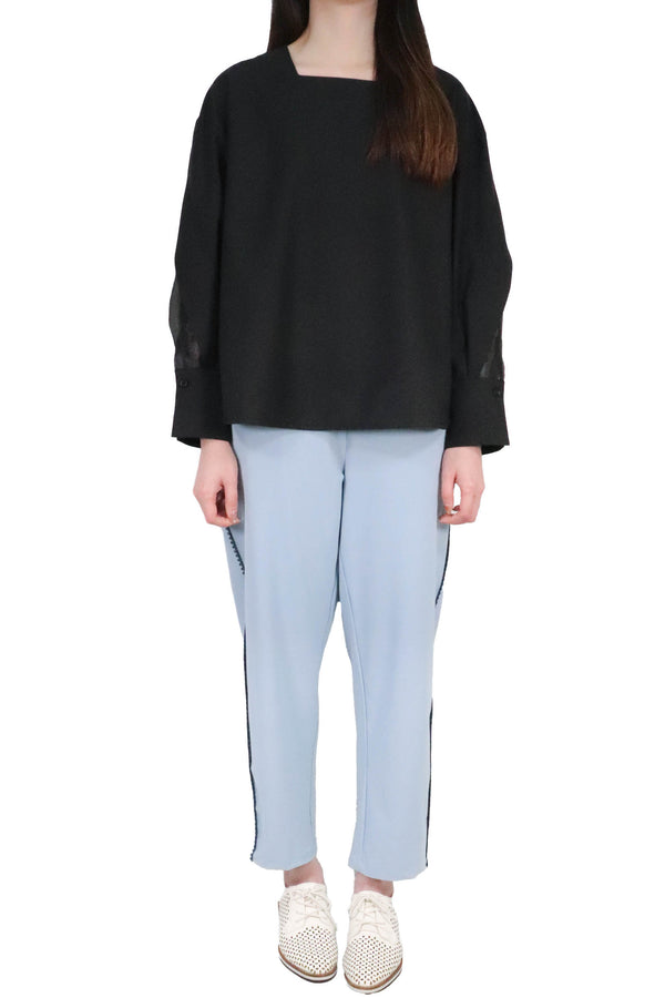 方領勾根紗拼袖上衣 (日本布料) - 黑色