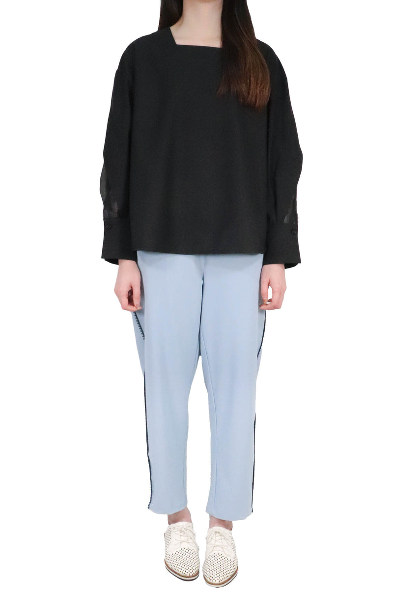 方領勾根紗拼袖上衣 (日本布料) - 黑色