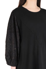 V型通花拼袖棉質上衣 - 黑色