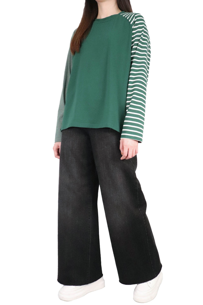 粗幼橫間袖棉質上衣 - 綠色