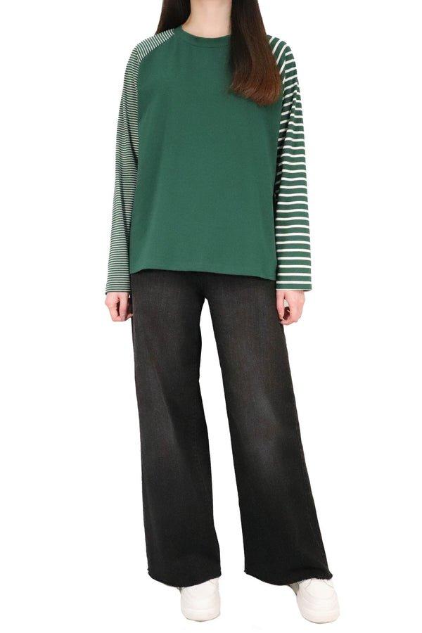 粗幼橫間袖棉質上衣 - 綠色