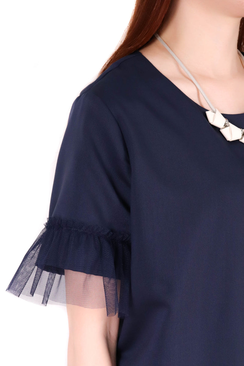 波浪帶撞色網紗拼袖上衣 (日本布料) - 深藍色