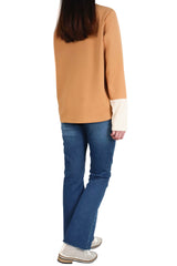 燈芯絨V型接拼上衣 (拼日本布料) - 駝色