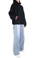 拉鍊立領斜袋混棉上衣 - 深藍色