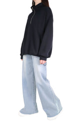 拉鍊立領斜袋混棉上衣 - 深藍色