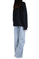 拉鍊立領斜袋混棉上衣 - 深藍色