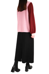 V領單袖拼色暗直紋上衣 - 粉紅色