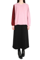 V領單袖拼色暗直紋上衣 - 粉紅色