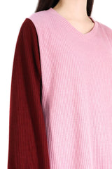 V領單袖拼色暗直紋上衣 - 粉紅色