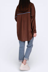 波浪花邊撞色薄棉裇 - 啡色