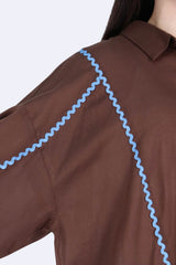 波浪花邊撞色薄棉裇 - 啡色