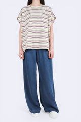 寛鬆彩色橫間棉質上衣 (短版) - 米色