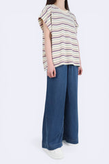 寛鬆彩色橫間棉質上衣 (短版) - 米色