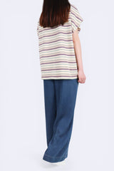 寛鬆彩色橫間棉質上衣 (短版) - 米色