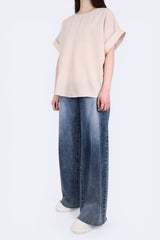 直紋前後兩著棉麻上衣 (日本布料) - 杏色