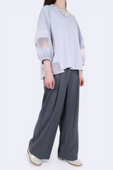 層次接拼歐根紗袖棉質上衣 - 淺藍色