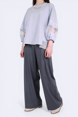 層次接拼歐根紗袖棉質上衣 - 淺藍色