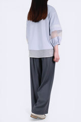 層次接拼歐根紗袖棉質上衣 - 淺藍色