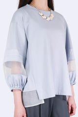 層次接拼歐根紗袖棉質上衣 - 淺藍色