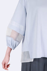 層次接拼歐根紗袖棉質上衣 - 淺藍色