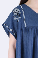 V領刺繡牛仔棉上衣 - 深藍色