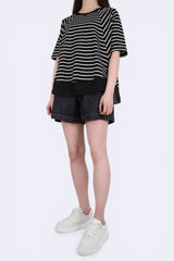 橫間拼弧形皺紗棉質上衣 - 黑底白條