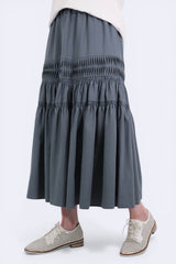 壓摺設計棉麻半截裙 - 灰藍色