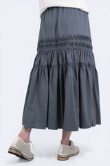 壓摺設計棉麻半截裙 - 灰藍色