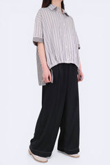 粗幼條子接拼下擺束帶裇衫 (日本布料) - 灰色