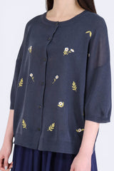 花花刺繡鈕扣針織外套 - 藍色