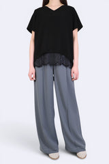 V領拼LACE下擺雪紡上衣 (拼日本布料) - 黑色