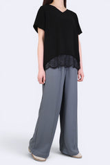 V領拼LACE下擺雪紡上衣 (拼日本布料) - 黑色