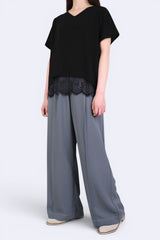 V領拼LACE下擺雪紡上衣 (拼日本布料) - 黑色