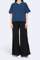 打摺袖束帶V領上衣 (日本布料) - 藍色