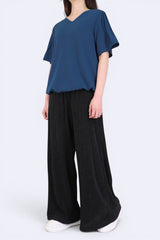 打摺袖束帶V領上衣 (日本布料) - 藍色