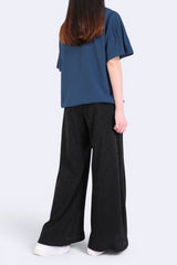 打摺袖束帶V領上衣 (日本布料) - 藍色