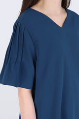 打摺袖束帶V領上衣 (日本布料) - 藍色