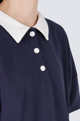 拼色Polo領棉質上衣 - 深藍色 - Chic Collection