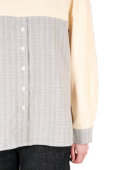 下拼暗閃格紋棉質上衣 (拼日本布料) - 米色 - Chic Collection