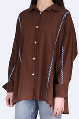 波浪花邊撞色薄棉裇 - 啡色 - Chic Collection