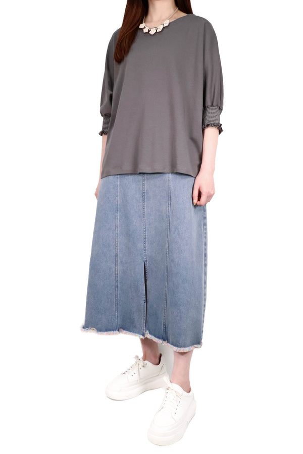 橡筋泡泡袖棉質上衣 - 灰色 - Chic Collection