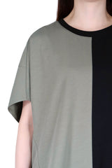 左右拼色寬鬆感棉質上衣 (日本布料) - 黑拼綠色 - Chic Collection